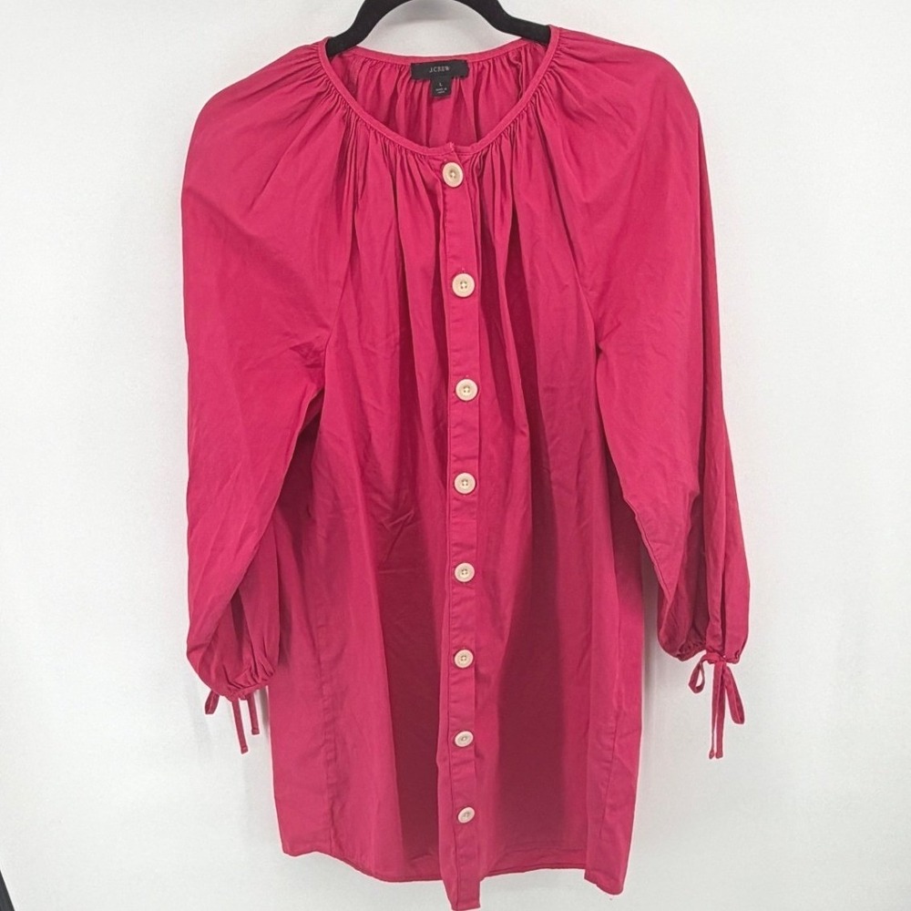 J.Crew Button Down Tunic Tie Cuff Large Pink Womens Cotton Blouse Top SEO